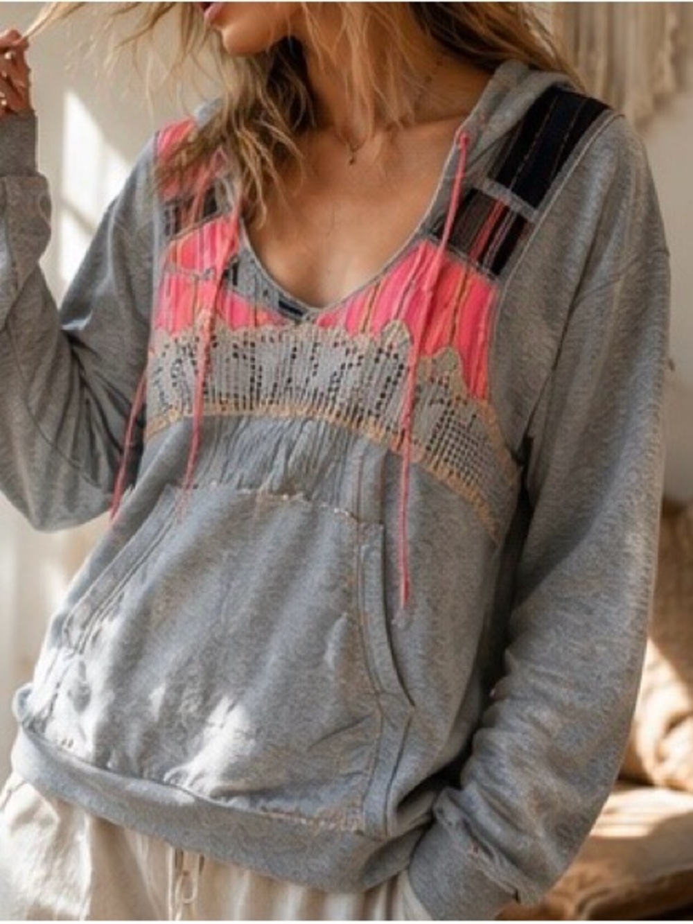 Free People Vintage Patchwork Hoodie Sweatshirt Gray Pink Trim Boho Small EUC - Picture 3 of 15